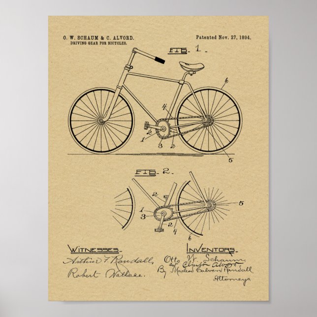 1894 Elliptical Gear Bicycle Design Patent Print (Front)