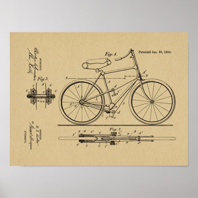 1894 Lever Propelled Bicycle Patent Art Print (Front)