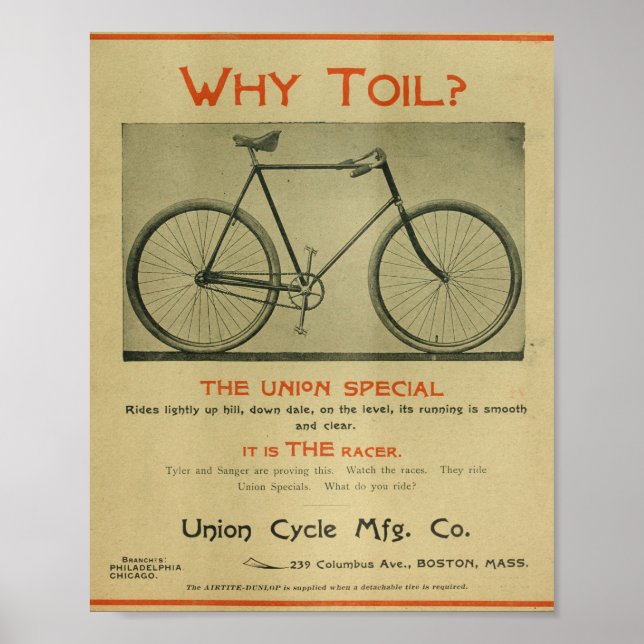 1894 Union Special Racer Bicycle Ad Art Print (Front)
