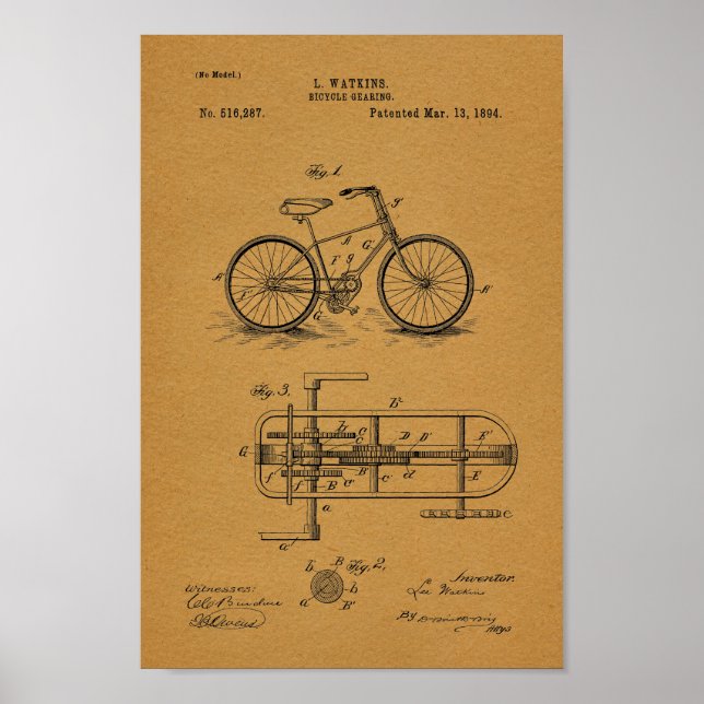 1894 Vintage Bicycle Gearing Patent Art Print (Front)