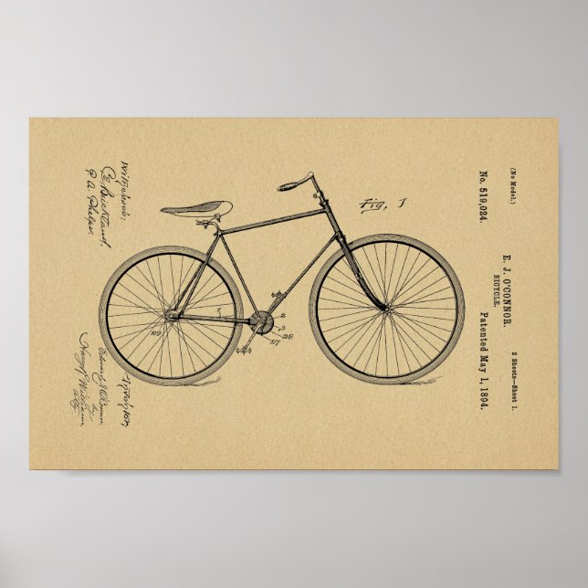 1894 Vintage Bicycle Patent Art Print (Front)