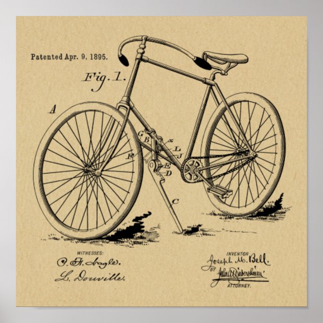 1895 Vintage Bicycle Design Patent Art Print (Front)