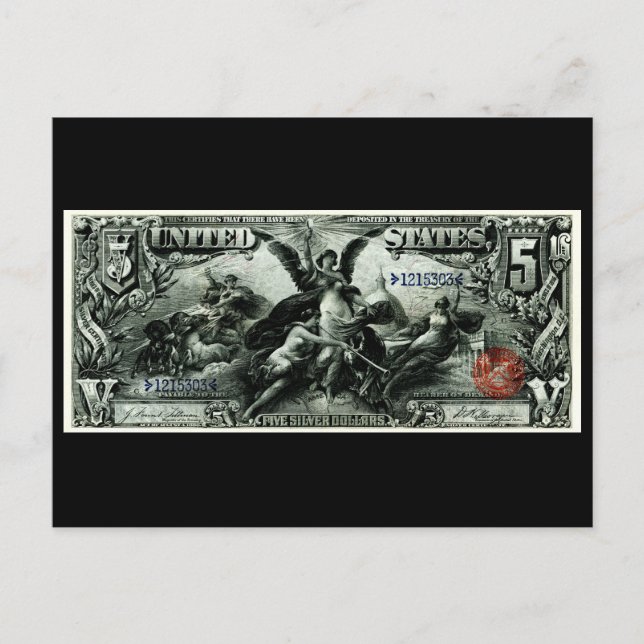 1896 US Five Dollar silver Certificate Postcard (Front)