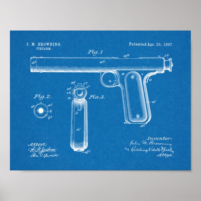 1897 Browning Gun Patent Art Drawing Print (Front)