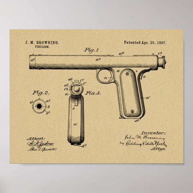 1897 Browning Gun Patent Art Drawing Print (Front)