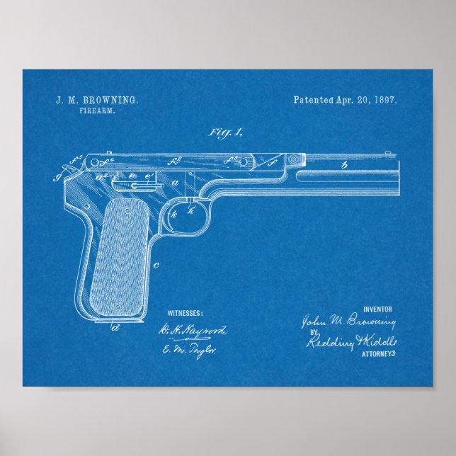 1897 Browning Gun Patent Art Drawing Print (Front)