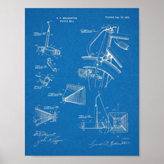 1898 Bicycle Bell Patent Art Drawing Print (Front)