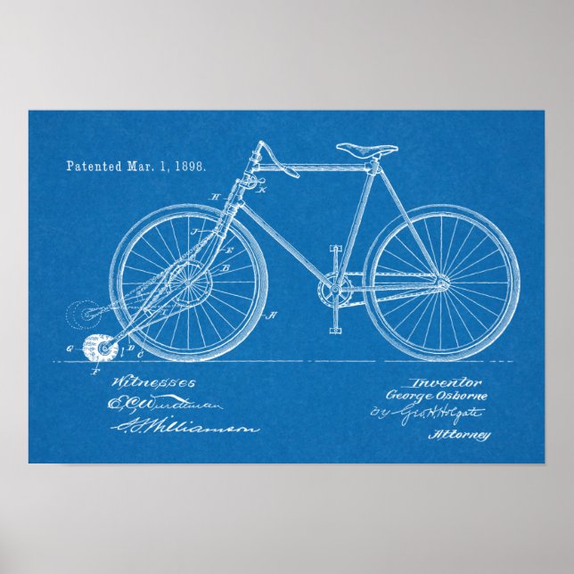 1898 Vintage Bicycle Patent Blueprint Art Print (Front)