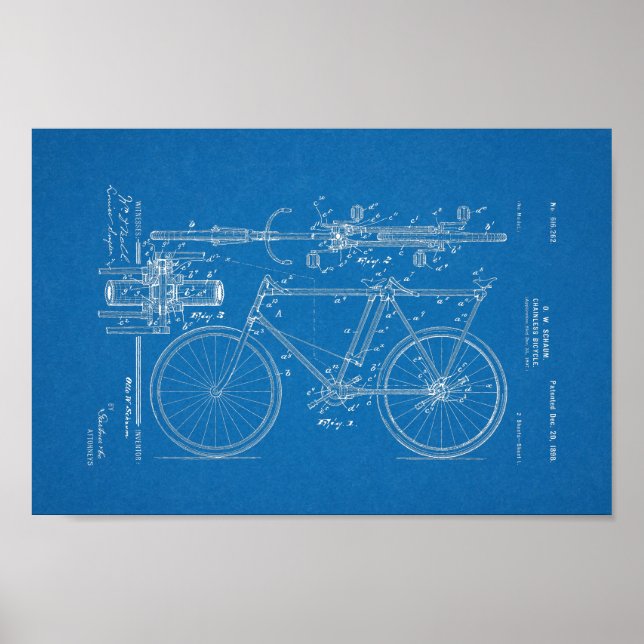 1898 Vintage Chainless Bicycle Patent Art Print (Front)