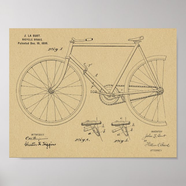 1899 Bicycle Brake Patent Art Drawing Print (Front)