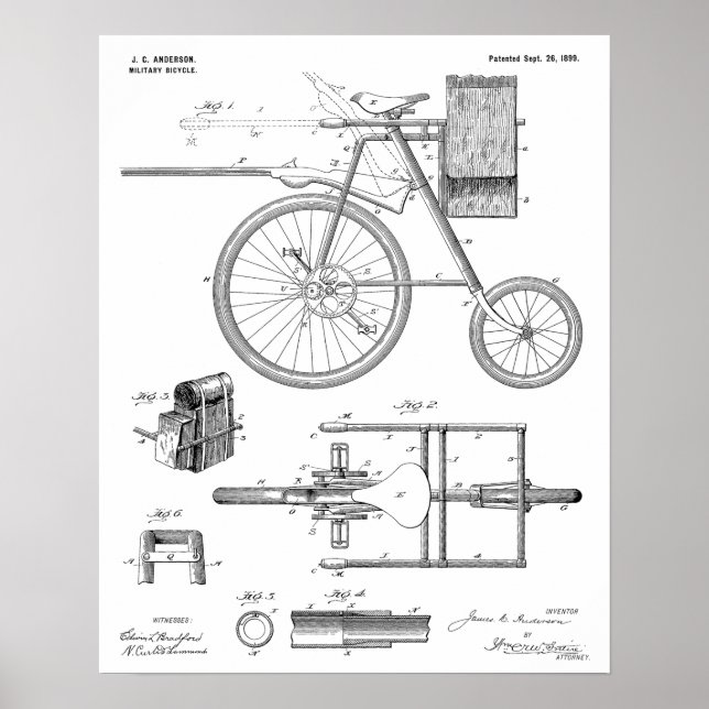 1899 Military Bicycle Patent Art Drawing Print (Front)