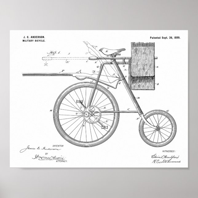 1899 Military Bicycle Patent Art Drawing Print (Front)