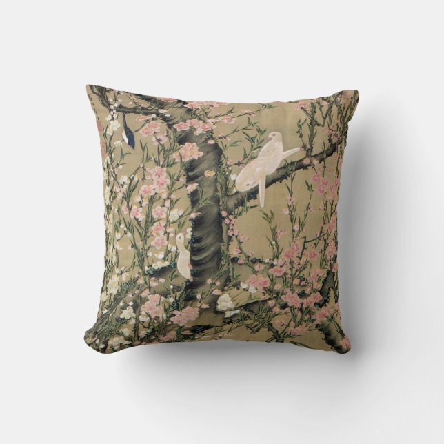 18.桃花小禽図, 若冲 Peach Blossoms & Small Birds, Jakuchū Cushion (Front)