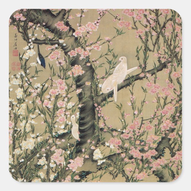 18.桃花小禽図, 若冲 Peach Blossoms & Small Birds, Jakuchū Square Sticker (Front)