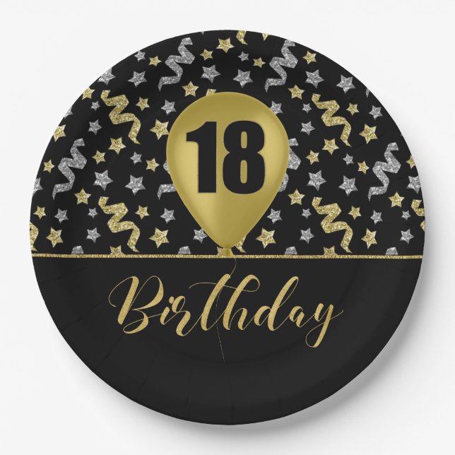 18 Gold Birthday Ballon on Black Gold Confetti Paper Plate (Front)