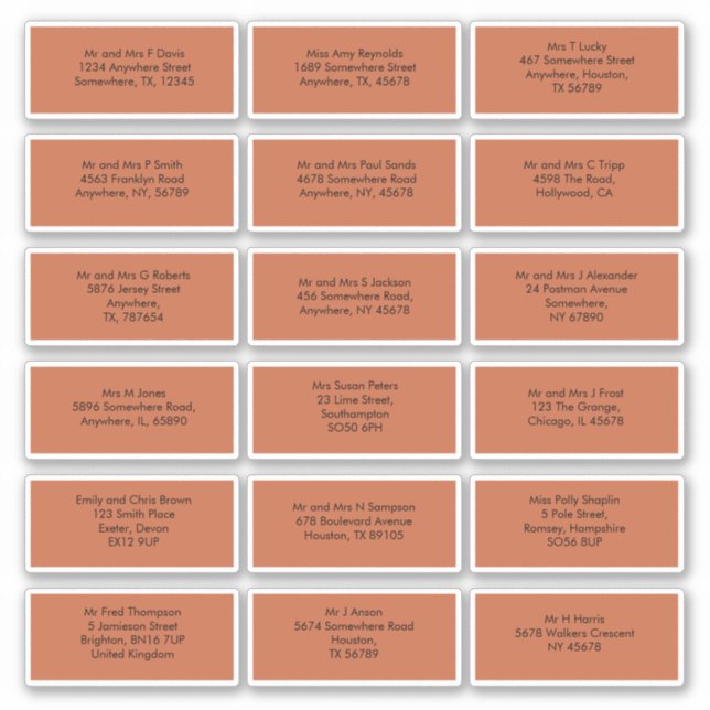 18 Individual Guest Names Addresses Terracotta (Front)