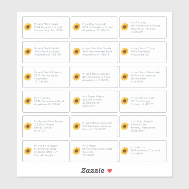 18 Individual Name Address Wedding Guest Sunflower (Sheet)