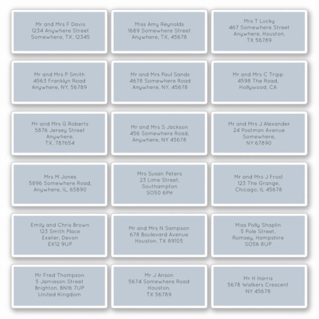 18 Individual Wedding Guest Names Addresses Blue (Front)