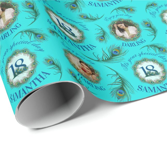 18 Peacock Feather Fully Editable Custom Photo Wrapping Paper (Roll Corner)