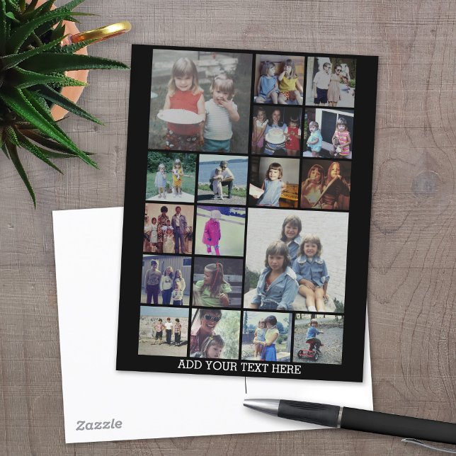 18 Photo Collage and Text - Can Edit Black Postcard (Personalized Photo collage Postcard)