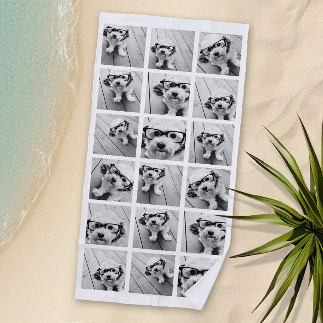 18 Photo Collage - CAN EDIT background colour Beach Towel (Personalized Beach Towel with Photos and Text)