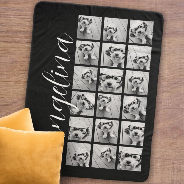 18 Photo Collage - CAN EDIT black white script Sherpa Blanket (Personalized sherpa blanket with photos and text)
