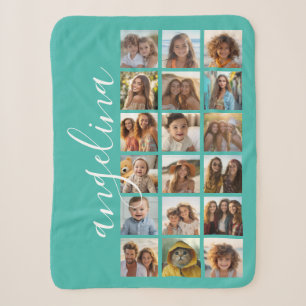18 Photo Collage - CAN EDIT teal white script Sherpa Blanket