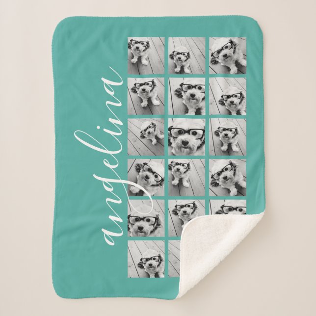 18 Photo Collage - CAN EDIT teal white script Sherpa Blanket (Front)