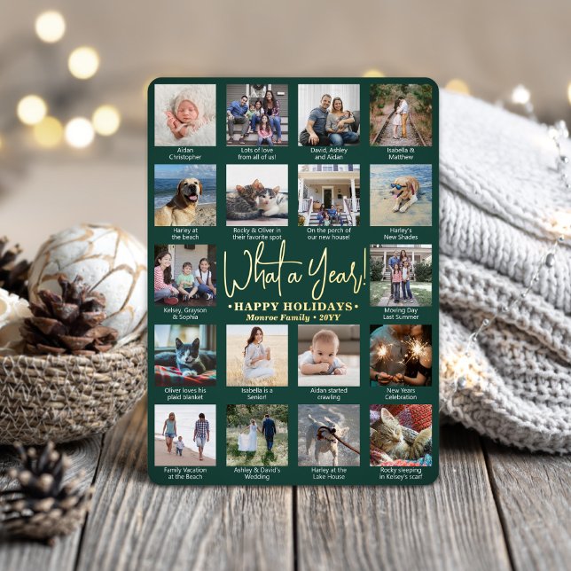 18 Photo Collage & Captions Green What a Year! Foil Holiday Card (Creator Uploaded)