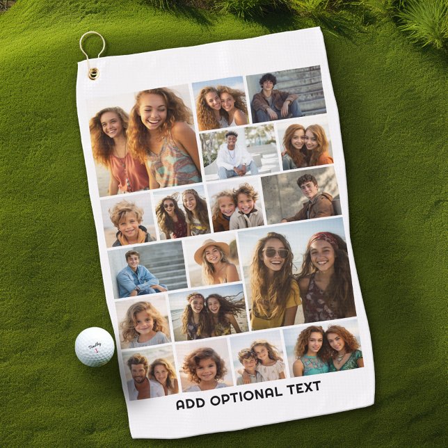 18 Photo Collage - Custom Text - Black and White Golf Towel (Custom Golf Towel with Photo Collage)