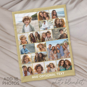 18 Photo Collage - Custom Text - Gold and White Fleece Blanket
