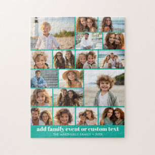 18 Photo Collage - Custom Text - Teal and White Jigsaw Puzzle