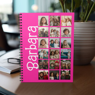 18 Photo Collage - Large Custom Name - Hot Pink Notebook