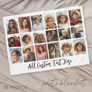 18 Photo Collage with black text on white Fleece Blanket