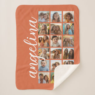 18 Photo Collage with Large Script - Terra Cotta  Sherpa Blanket