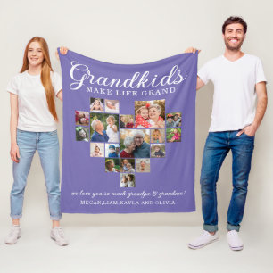  18 Photo Heart Collage Grandkids Quote Purple Fleece Blanket