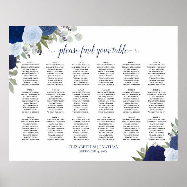 18 Table Elegant Blue Roses Wedding Seating Chart (Front)