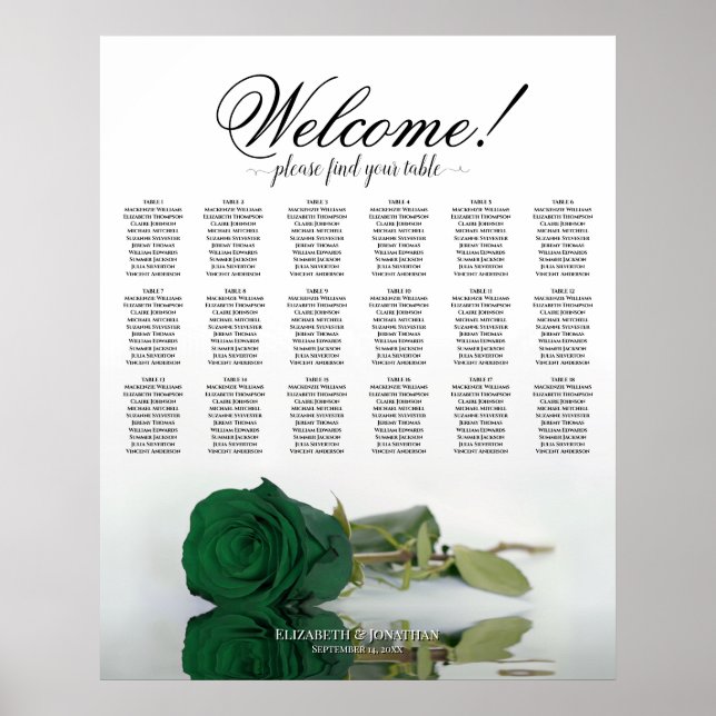 18 Table Elegant Emerald Green Rose Seating Chart (Front)