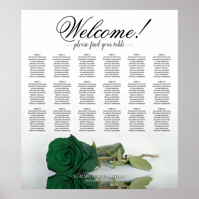 18 Table Elegant Emerald Green Rose Seating Chart (Front)