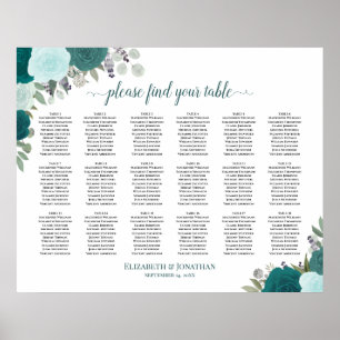 18 Table Elegant Teal Roses Wedding Seating Chart