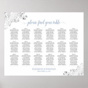 18 Table Frilly White Wedding Seating Chart Blue