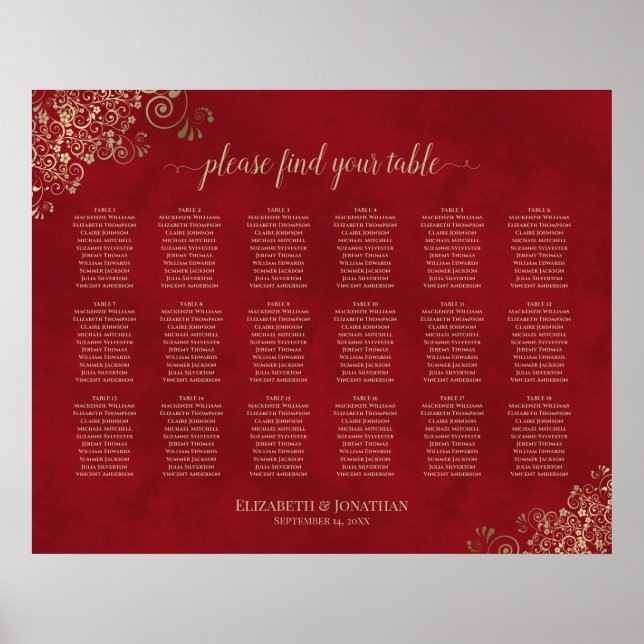 18 Table Gold Frills on Red Wedding Seating Chart (Front)
