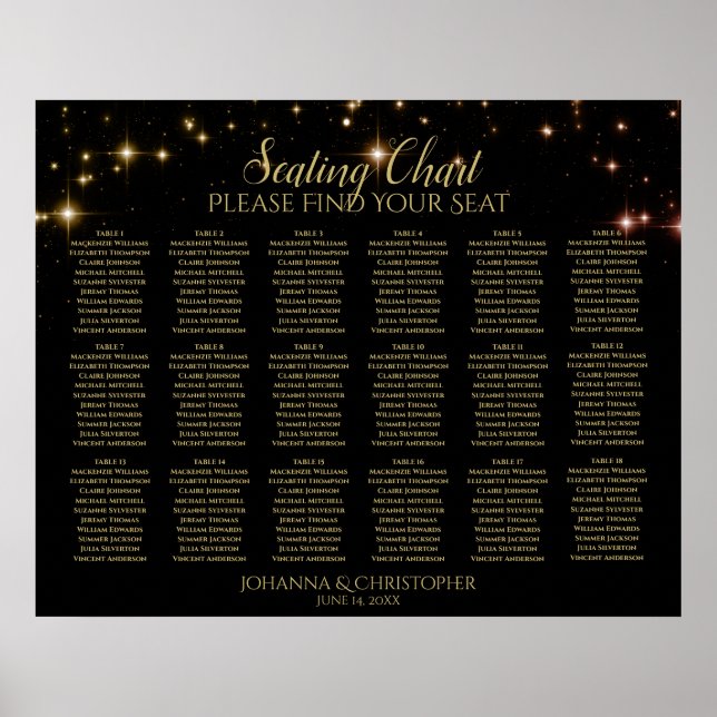 18 Table Gold Sparkles Black Wedding Seating Chart (Front)