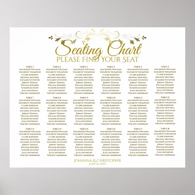 18 Table Gold & White Simple Wedding Seating Chart (Front)