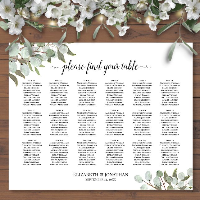 18 Table Rustic Eucalyptus Wedding Seating Chart (In Situ on Wall with Flowers)