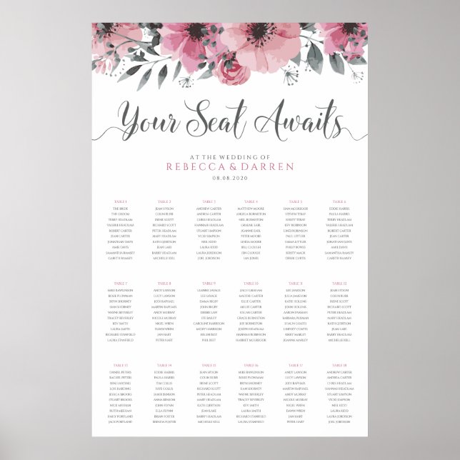 18 Table Seating Chart Pink Floral Border (Front)