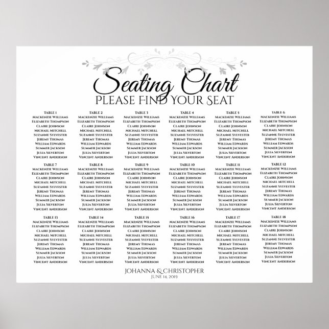 18 Table Silver Filigree Wedding Seating Chart (Front)
