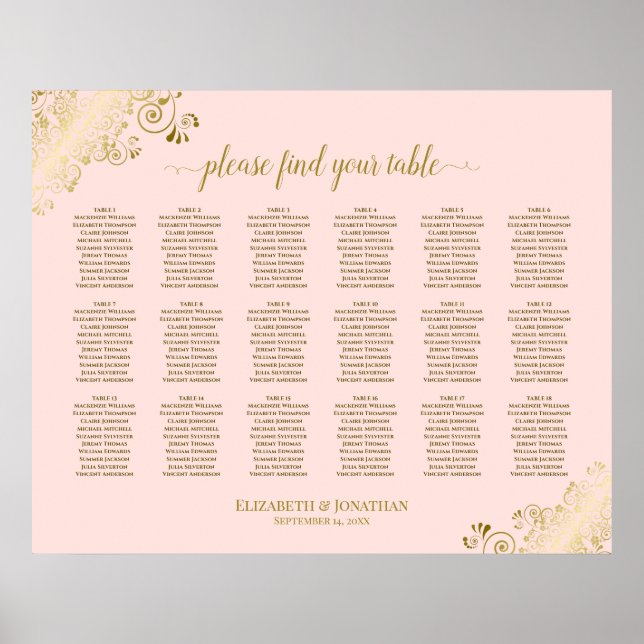 18 Table Wedding Seating Chart Blush Pink & Gold (Front)