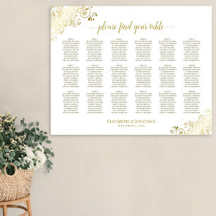 18 Table Wedding Seating Chart White & Gold Frills