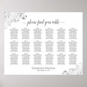 18 Table White Wedding Seating Chart Silver Frills